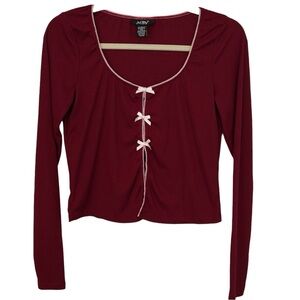 Just Polly Women’s Long Sleeve Bow Detail Open Front‎ Ribbed Top  Sz L